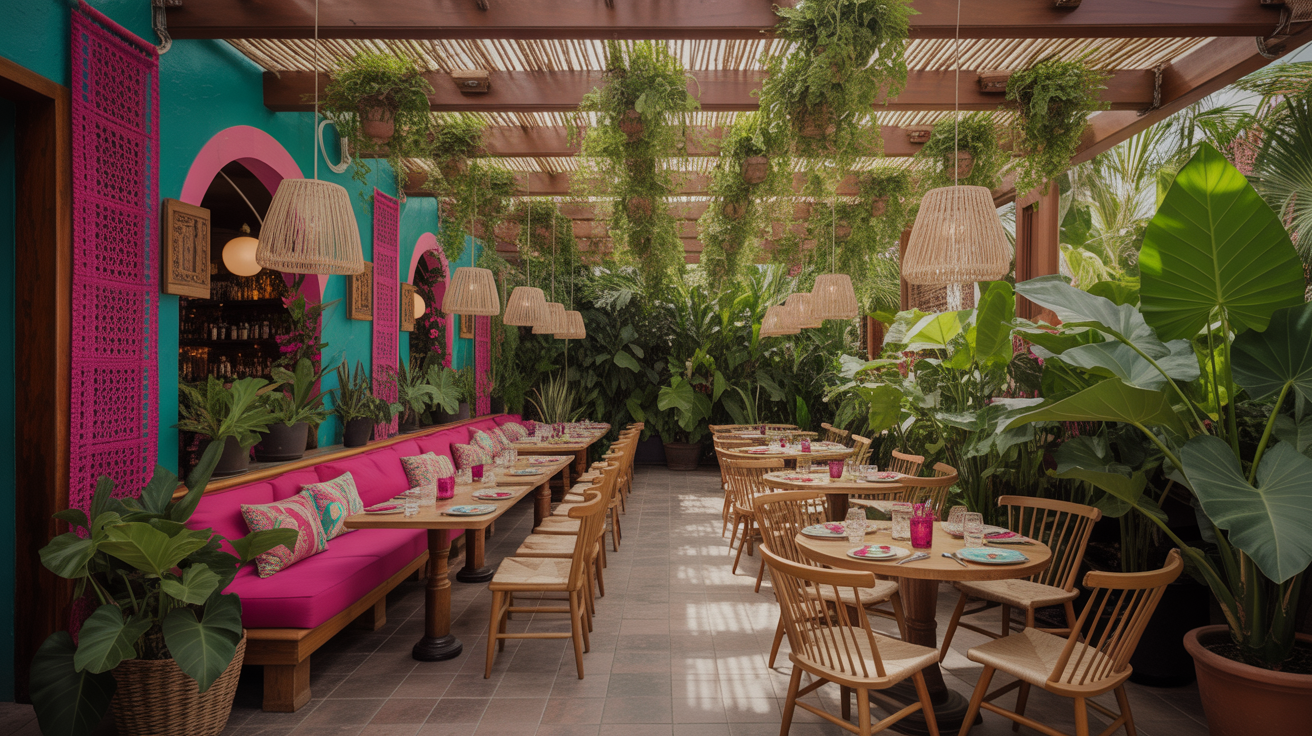 Área de comedor exterior rodeada de vegetación en el Prado